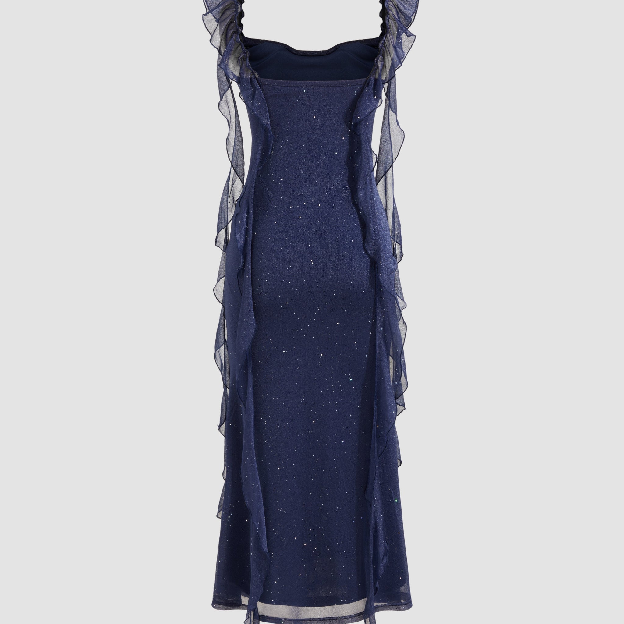 Cowl Neck Solid Glitter Ruffle Hem Maxi Dress