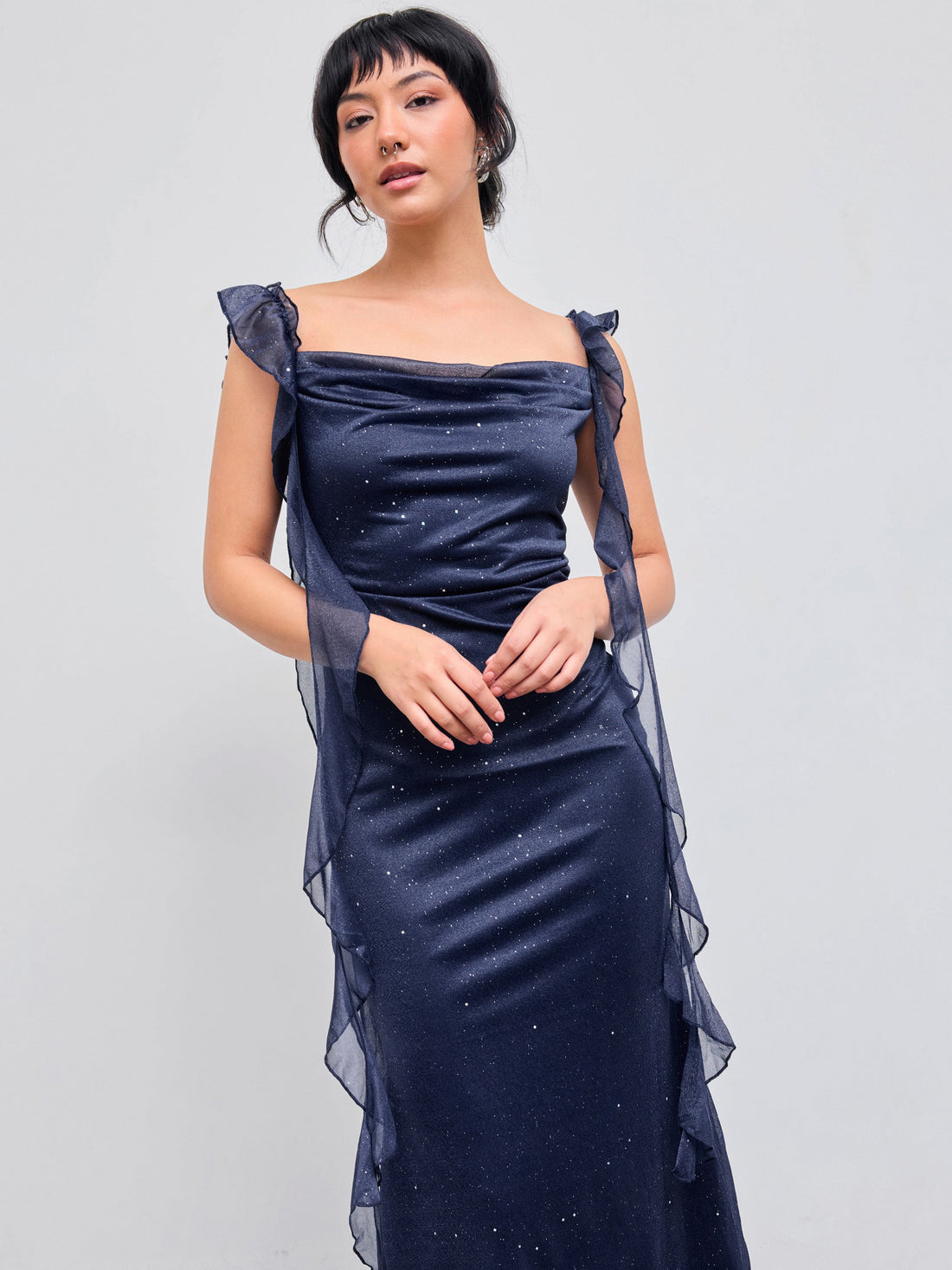 Cowl Neck Solid Glitter Ruffle Hem Maxi Dress