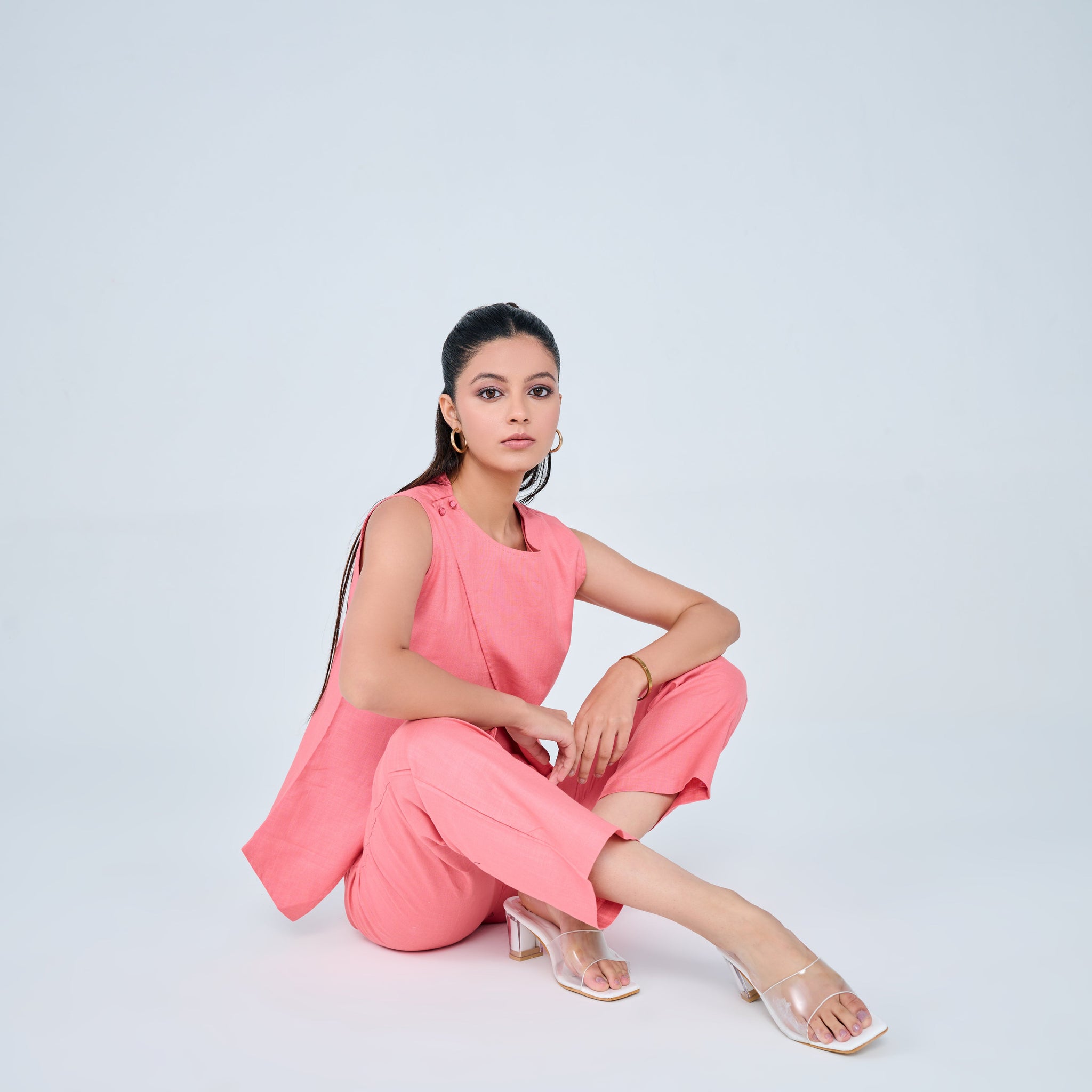 Cotton Blend Slit Formal Co-ord Set ( Peach )