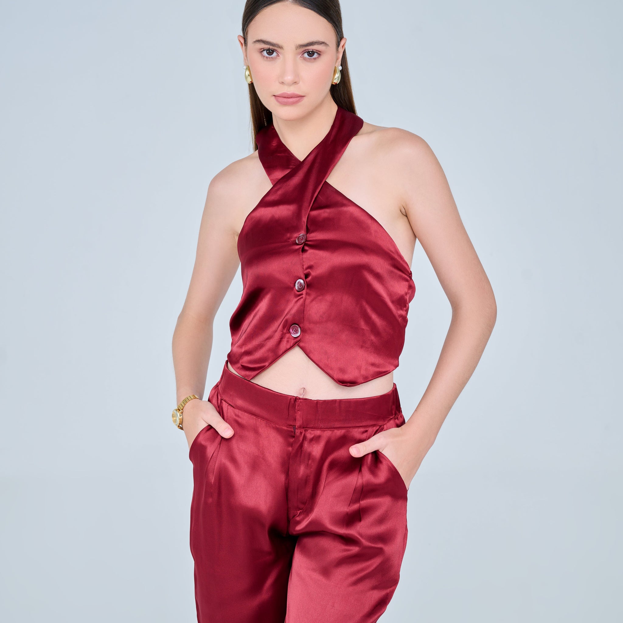 Backless Cross Neck Satin Co-ord Set ( Cherry Red )