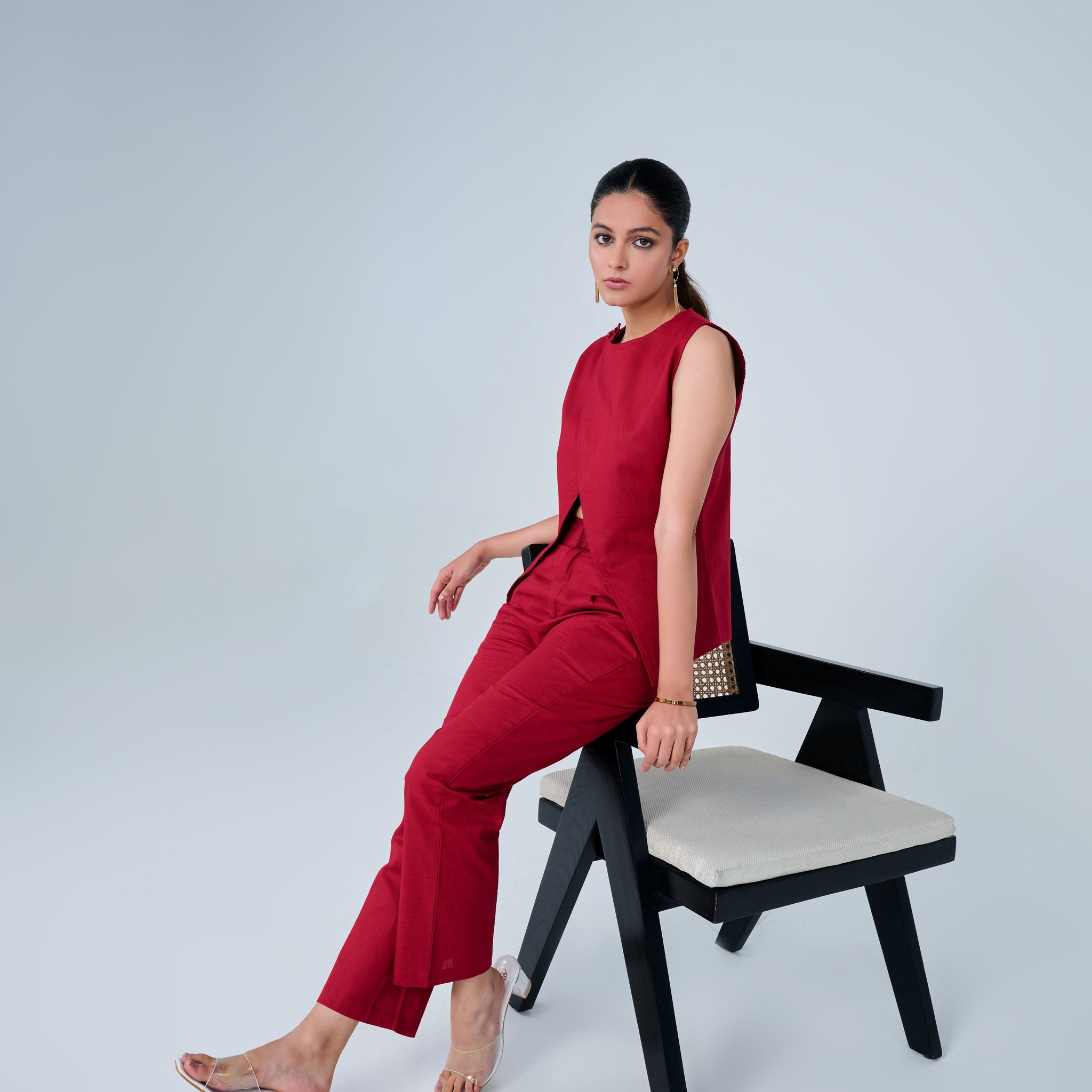 Cotton Blend Slit Formal Co-ord Set ( Red)