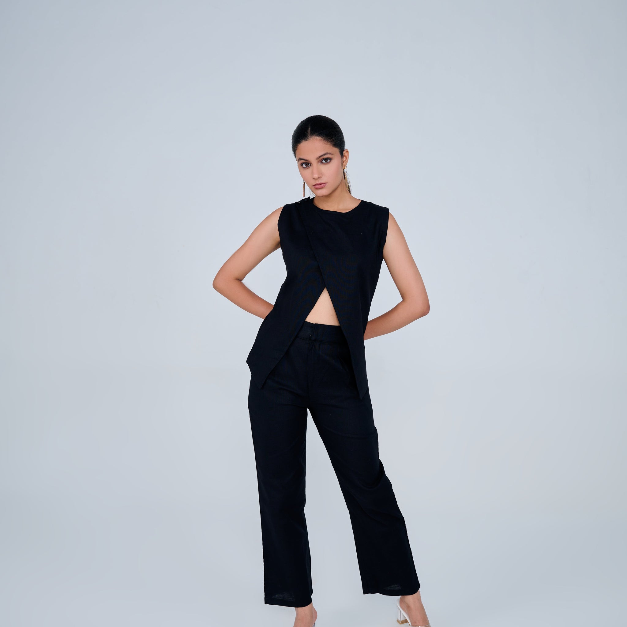 Cotton Blend Slit Formal Co-ord Set ( Black)
