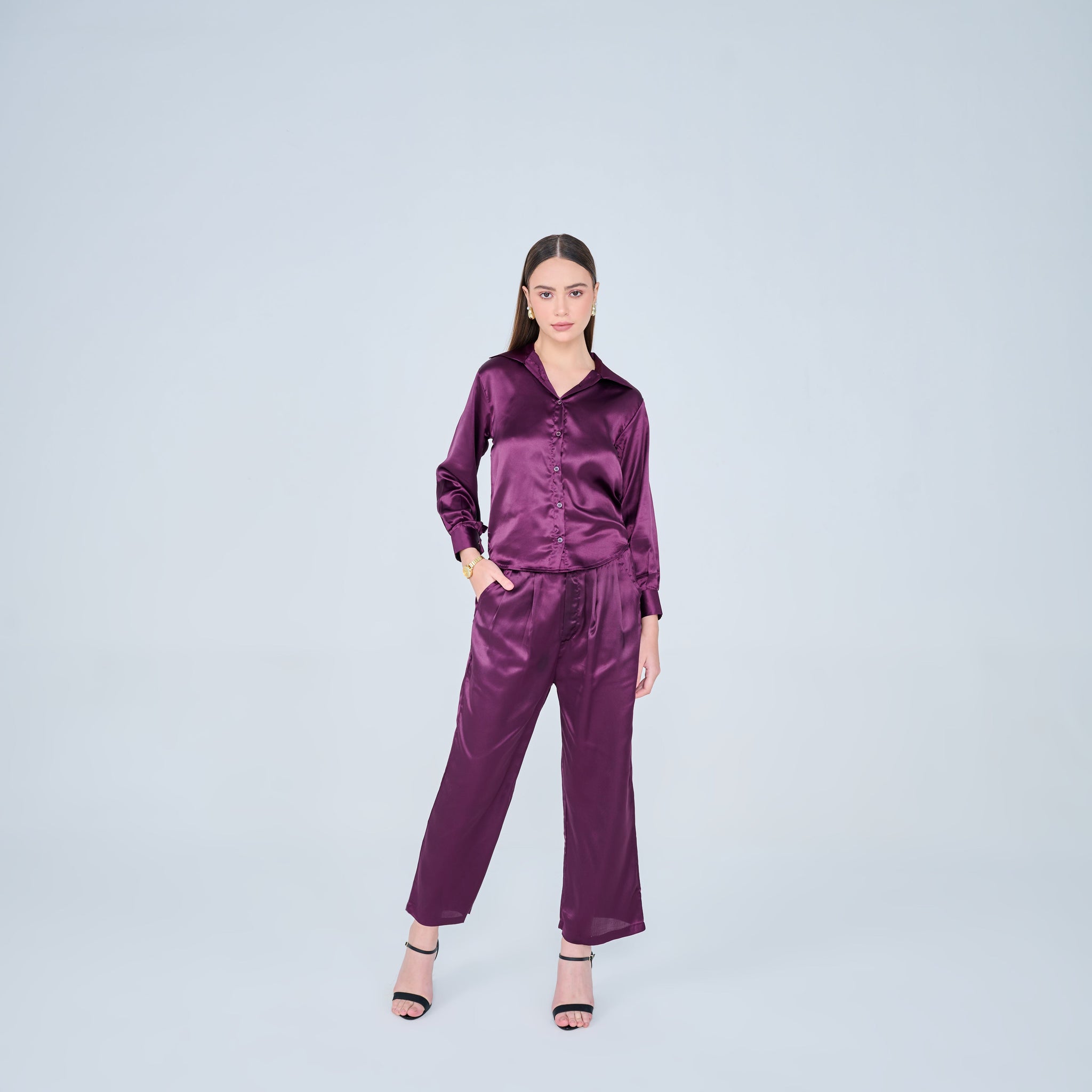 Bella Classic Satin Co-ord Set ( Wine )