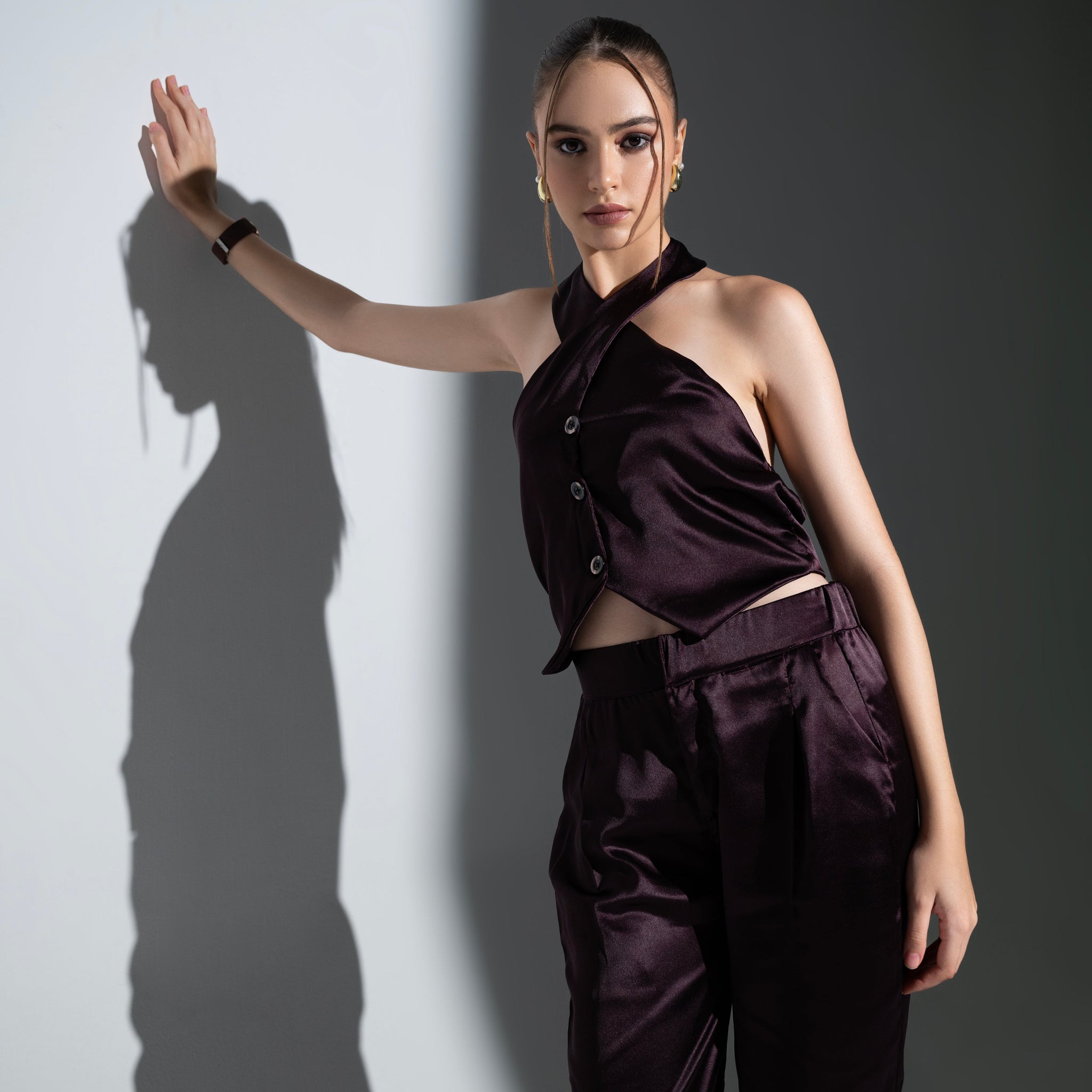 Backless Cross Neck Satin Co-ord Set ( Brown )